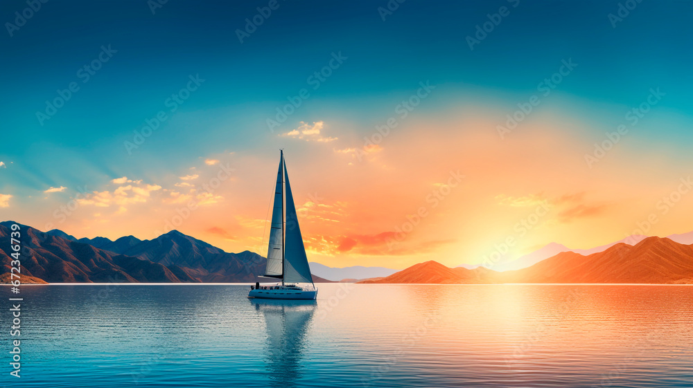 A sailing boat cruising in the open waters, with an island nearby and distant mountains visible on the horizon, during the tranquil moments of a sunset. Generative AI - obrazy, fototapety, plakaty 