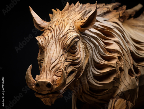 A Detailed Wood Carving of a Warthog
