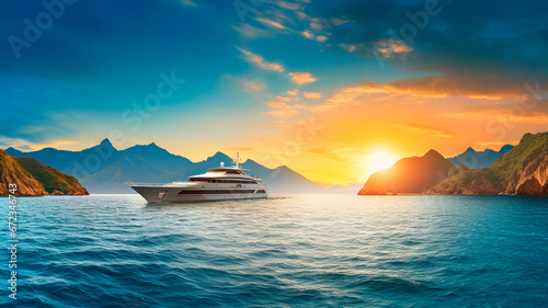An elegant modern yacht sails the open sea in close proximity to the island, while mountains can be seen on the horizon, all during sunset. Generative AI