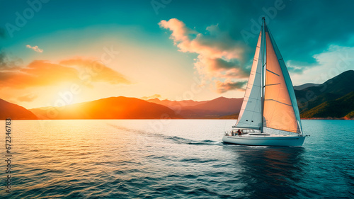 A sailing boat cruising in the open waters, with an island nearby and distant mountains visible on the horizon, during the tranquil moments of a sunset. Generative AI