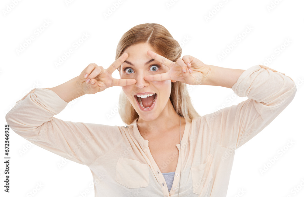 Portrait, funny face and peace sign with a natural woman isolated on a transparent background looking goofy. Comic, silly and a happy or confident young model on PNG for fun, comedy or humor Portrait, funny face and peace sign with a natural woman isolated on a transparent background looking goofy. Comic, silly and a happy or confident young model on PNG for fun, comedy or humor