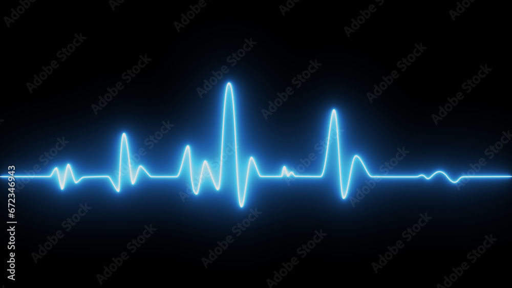 Blue heartbeat rate and pulse on black screen. Neon heartbeat on black isolated background. ECG Heartbeat Display. Background heartbeat line neon light heart rate display screen medical research.