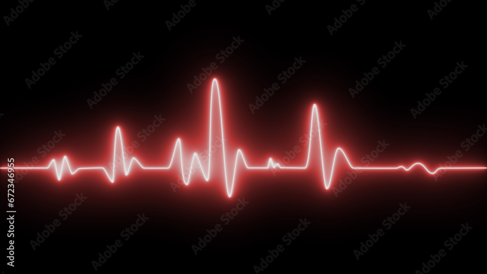 Red heartbeat rate and pulse on black screen. Neon heartbeat on black isolated background. ECG Heartbeat Display. Background heartbeat line neon light heart rate display screen medical research.