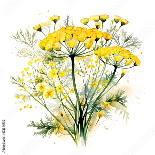 Watercolor illustration. Kitchen spices. Dill sprigs and dill flowers.