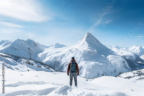 Winter holidays, Concept travel ski, walking ski alpinist, Freeride skiing, man on top of the mountain, Winter holidays, Traveling concept background © elina