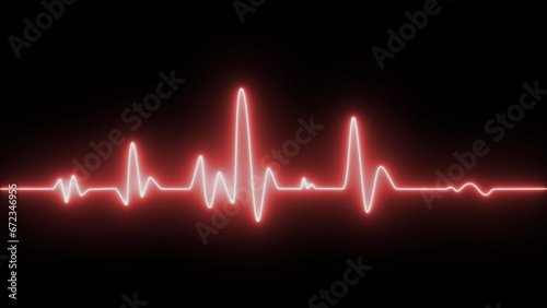 Red heartbeat rate and pulse on black screen. Neon heartbeat on black isolated background. ECG Heartbeat Display. Background heartbeat line neon light heart rate display screen medical research. photo