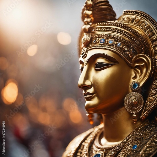 AI generated illustration of a golden statue of ram ji standing gracefully in a traditional pose photo
