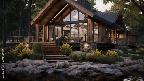 Shingle and wood siding with wood beams and rocks as landscaping 8k,