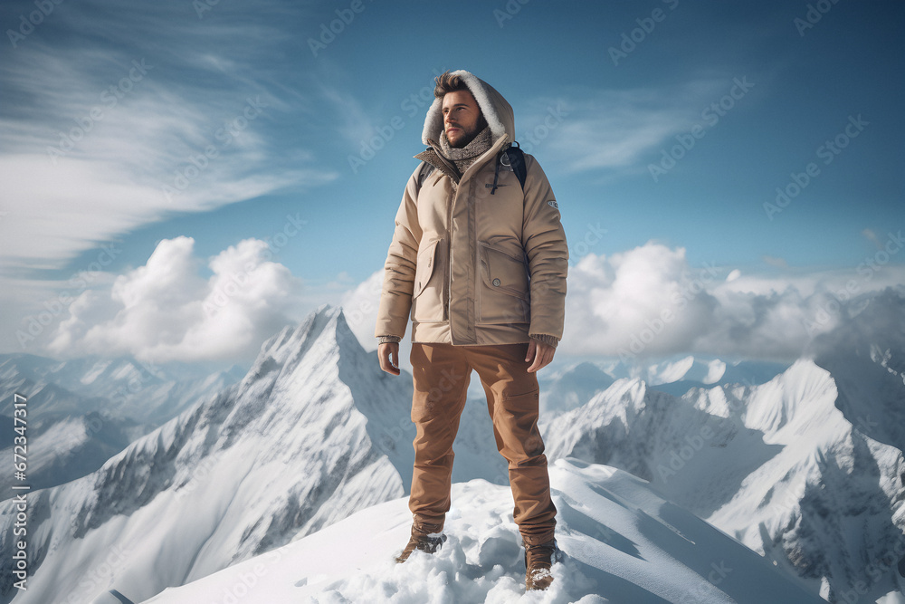 Winter holidays, Concept travel ski, walking ski alpinist, Freeride skiing, man on top of the mountain, Winter holidays, Traveling concept background