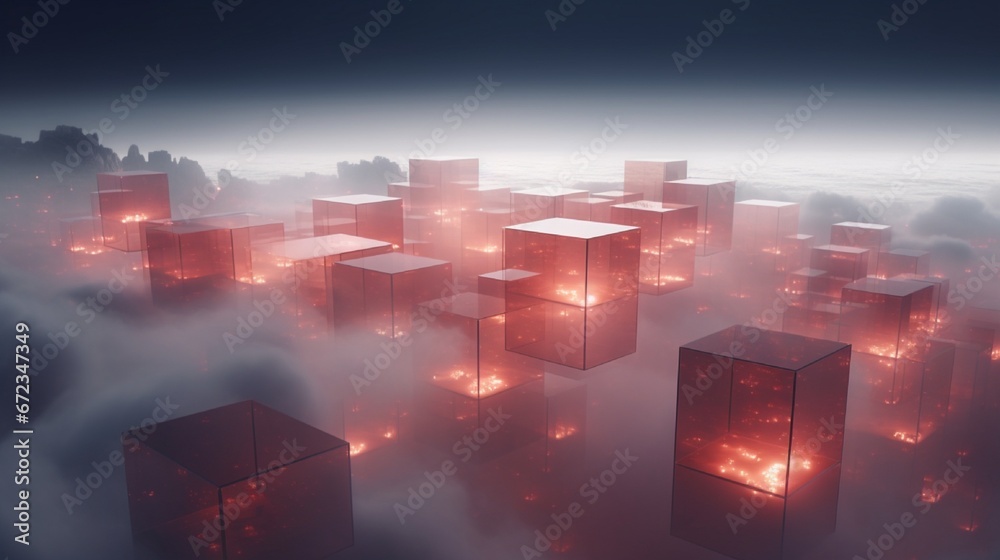 Obraz premium Cubic structures floating in an illuminated mist.