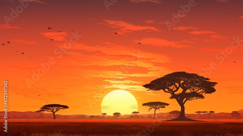 Expansive African savannah with detailed acacia trees silhouetted against an amber sunset.