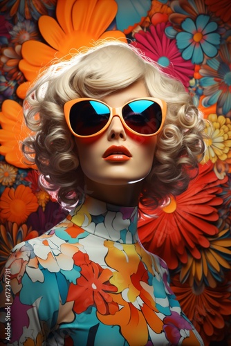 a beautiful high fashion lady with cool sunglasses in front of a crazy multicolored abstract background