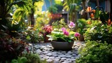 Small gardens with beautiful different green flower and plant in home backyard garden. 8k,
