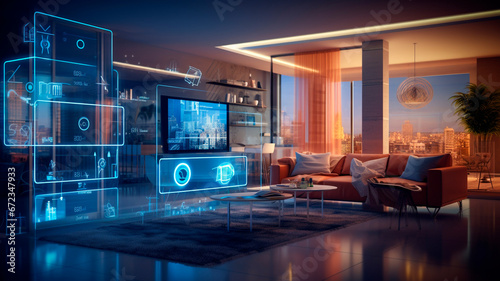 photograph showcasing a technologically advanced apartment or smart home  highlighting the latest in modern home technology. Generative AI 