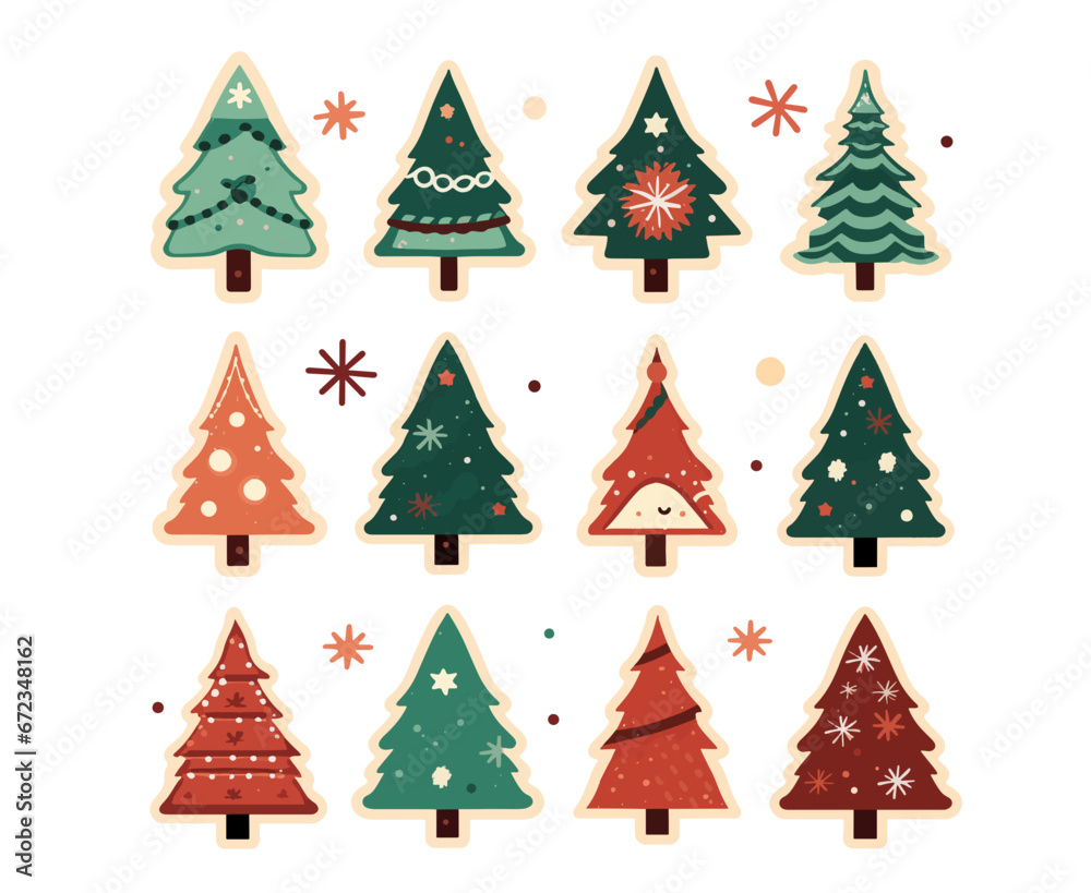Fototapeta premium Flat icon design set of colorful christmas trees elements