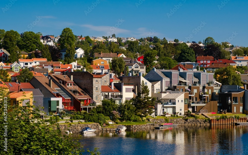 Cozy buildings of a small town at the waterfront surrounded by lush vegetation