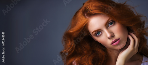 Glamorous redhead woman, hand under chin, with empty banner