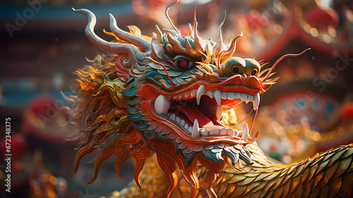 Vibrant and Detailed Dragon Sculpture with Fiery Colors, Set Against a Background of Traditional Architecture.