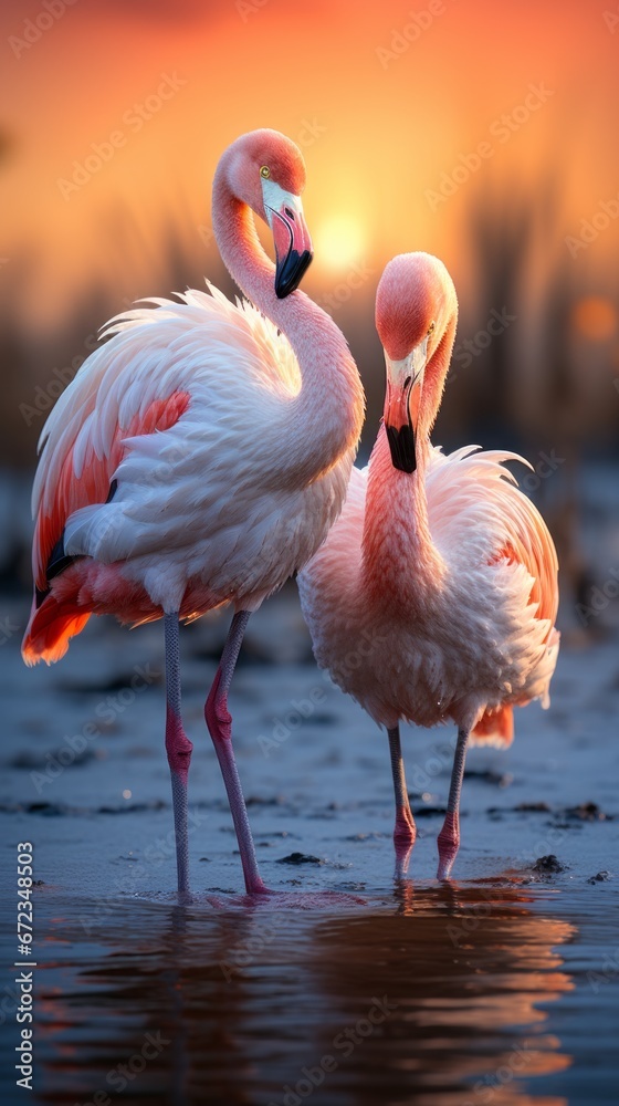 Two flamingos standing in water at sunset. pink flamingo.