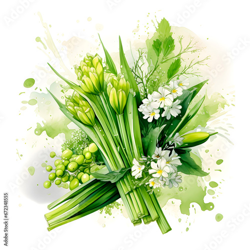 Watercolor illustration of Spices. bunch of celery with celery flowers