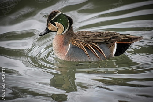 Baikal teal duck swimming idly in a body of still water photo