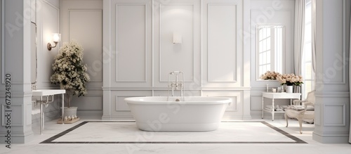 Interior design white bathroom, White tub and white marble. AI generated image