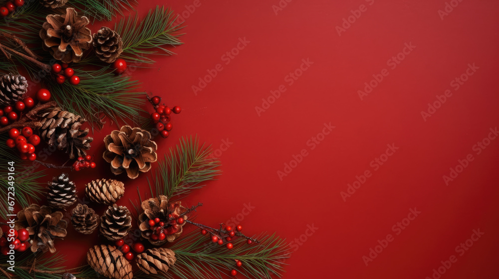 Christmas composition of cones on a red background Christmas composition of cones on a red background