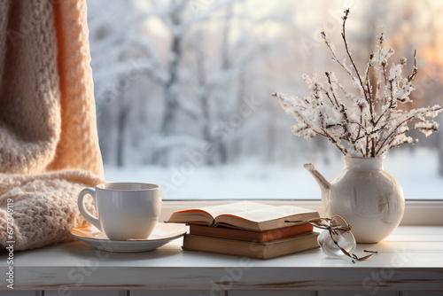 Enjoy the serene warmth of winter with a cup of coffee, a good book, and a snowy view outside the window. Ai generated