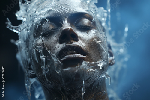 Refresh your skin with a splash of icy water, a perfect concept for youthful, revitalized woman face beauty or treatment concept. Ai generated © dragomirescu
