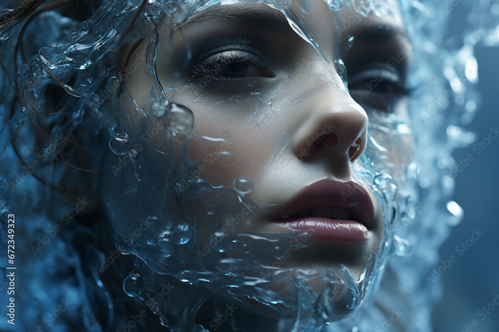 Refresh your skin with a splash of icy water, a perfect concept for youthful, revitalized woman face beauty or treatment concept. Ai generated