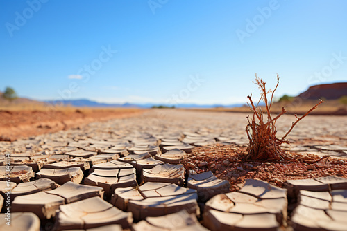 Cracked soil with dry shrub in a hot desert environment photo