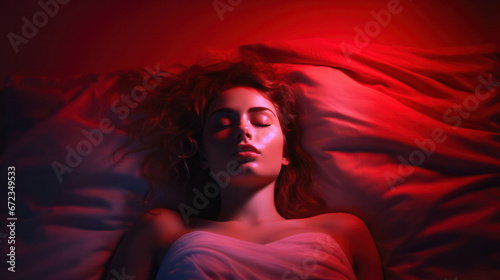 Sleep Wellness: Woman Experiencing Deep Rest with Infrared Light
