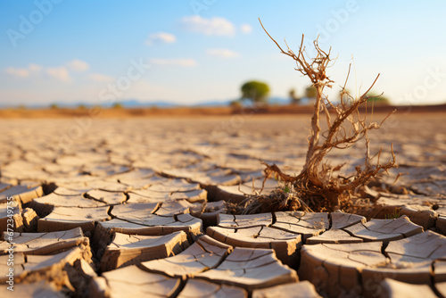 Dry cracked ground with dead bush and blue sky photo