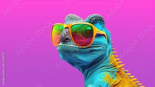 Cartoon colorful iguana with sunglasses on isolated.Generative AI photo