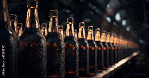 a bottle line along a line of beer bottles Generative AI photo