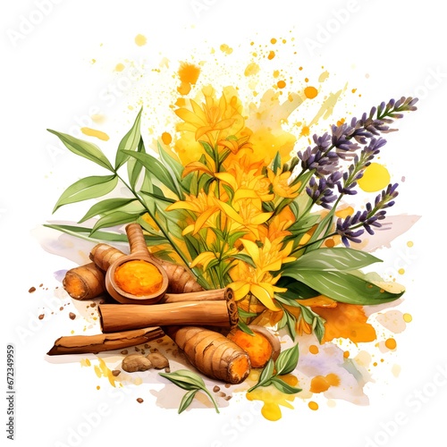 Watercolor illustration. Kitchen spices. Twigs and flowers turmeric.