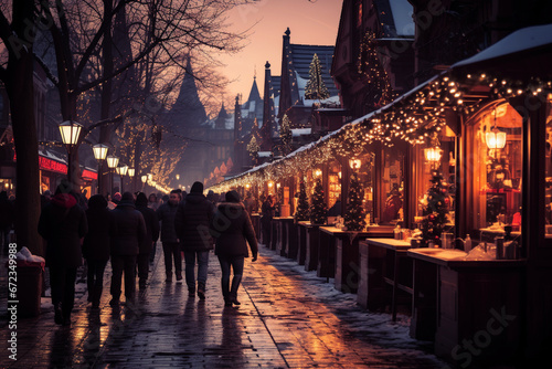 Quaint and adorable Christmas market at night. Christmas concept. Generative AI