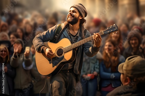 A charismatic street musician captivating a crowd. 