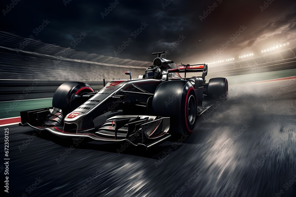 A powerful shot of a Formula 1 race car in motion.
