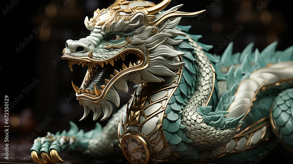 Fototapeta premium ajestic Green Dragon: A grand and awe-inspiring green dragon, adorned with intricate scales, breathing emerald fire, symbolizing the New Year 2024