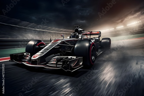 A powerful shot of a Formula 1 race car in motion. 