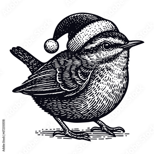 Canvas Print wren bird wearing a Santa Claus hat Christmas sketch