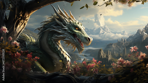 Mythical Serenity: A serene and peaceful scene of a green dragon coexisting with mythical creatures in a tranquil landscape, signifying harmony in the New Year 2024