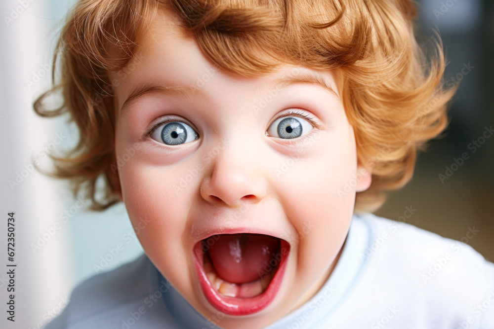 Surprised two-year-old boy with wide eyes and open mouth.