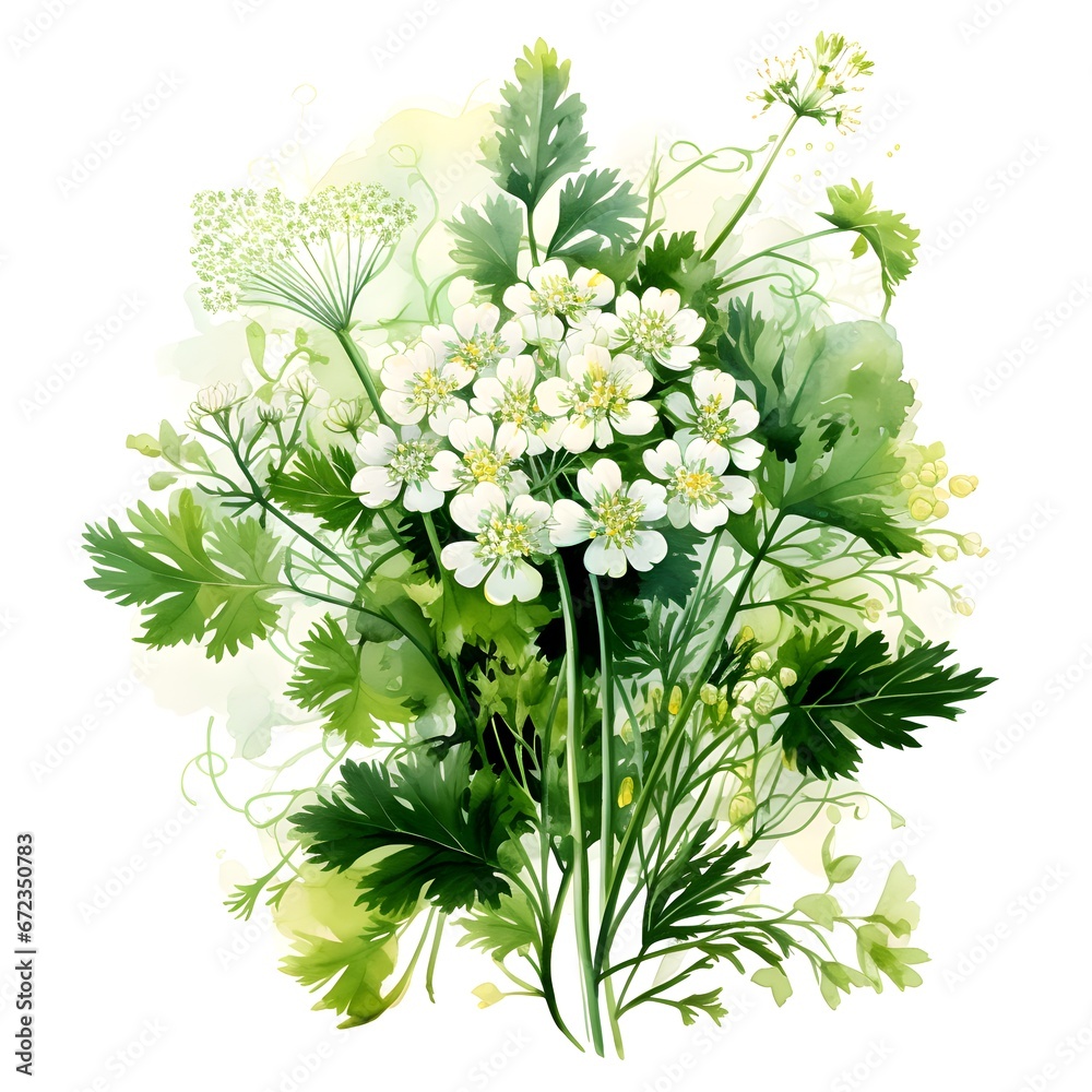 Watercolor illustration of Spices. bunch of parsley with parsley flowers