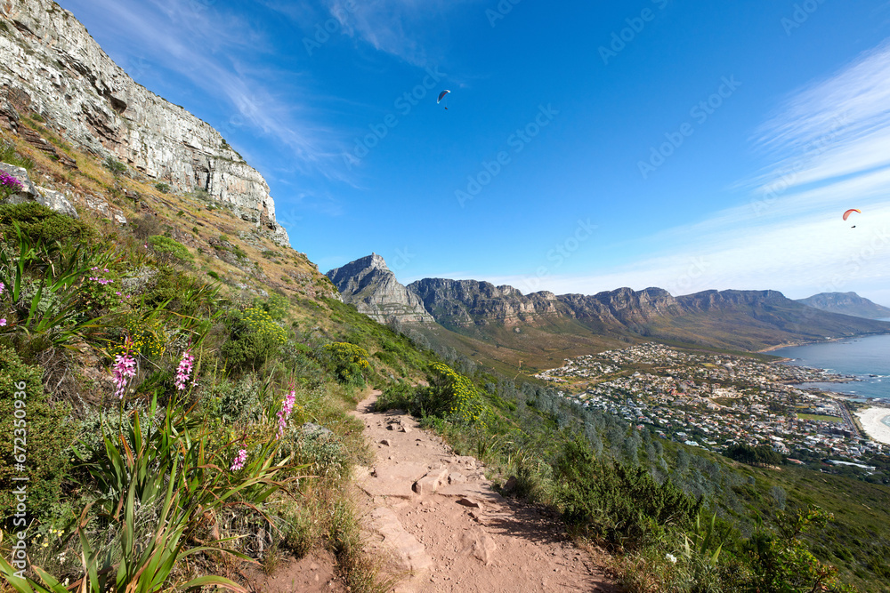 Scenic hiking trail on a mountain. The twelve apostles in Cape Town, South Africa with plants against a blue sky. Relaxing view of a beautiful and rugged natural landscape to explore and travel
