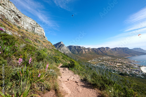 Scenic hiking trail on a mountain. The twelve apostles in Cape Town, South Africa with plants against a blue sky. Relaxing view of a beautiful and rugged natural landscape to explore and travel