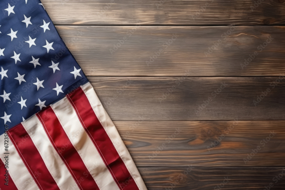 Obraz premium US American flag on wooden background. For USA Memorial day, Veteran`s day, Labor day, or 4th of July celebration. With blank space for text Generative AI