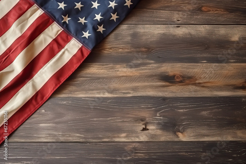 US American flag on wooden background. For USA Memorial day, Veteran`s day, Labor day, or 4th of July celebration. With blank space for text Generative AI