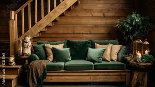 Still life details of cozy home interior in rustic style. Country style living room with wooden stairs and sofa 